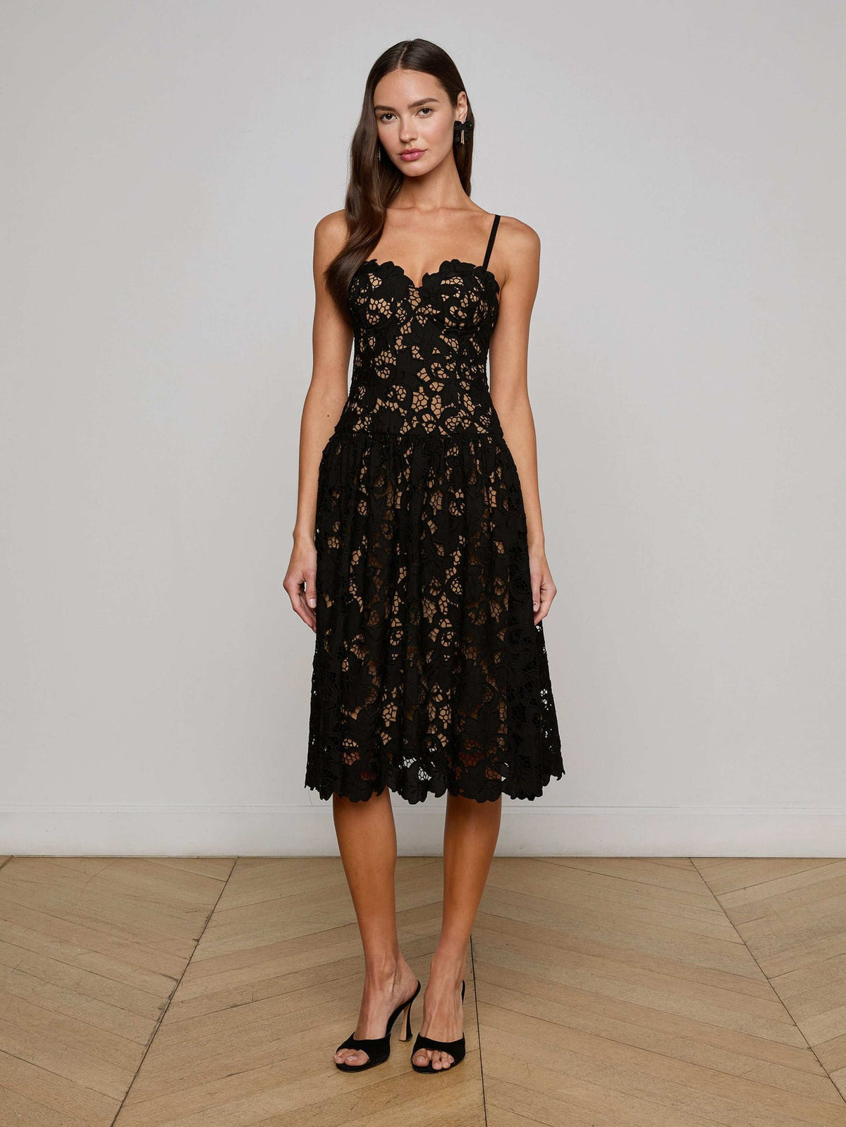 Flyn Lace Midi Dress in Black