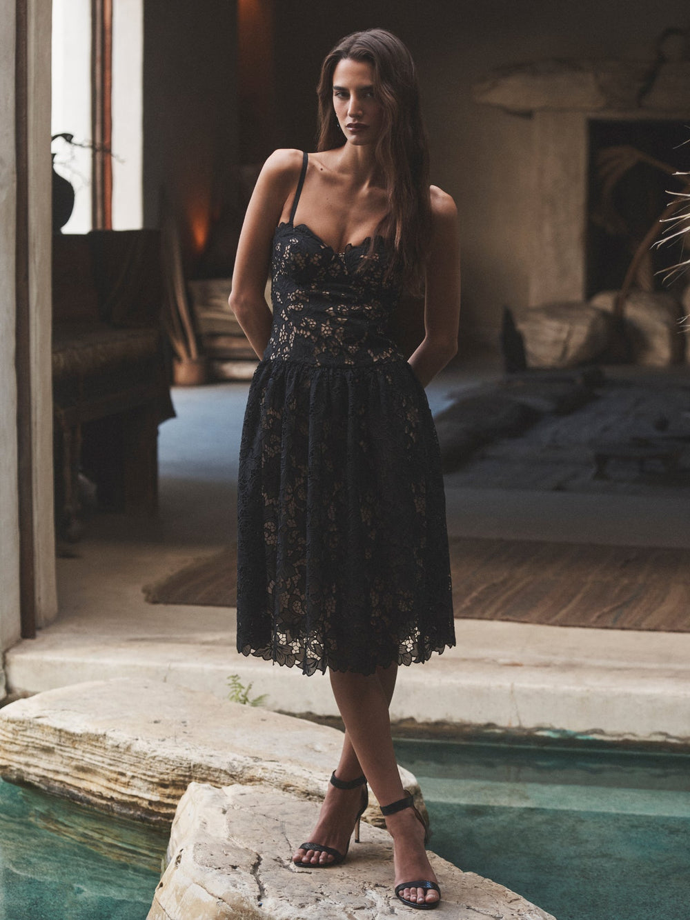 Flyn Lace Midi Dress in Black