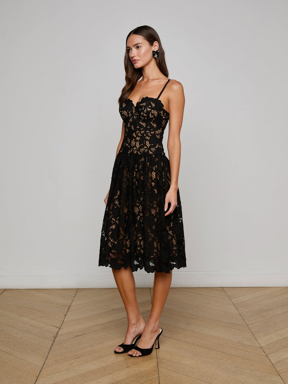 Flyn Lace Midi Dress in Black