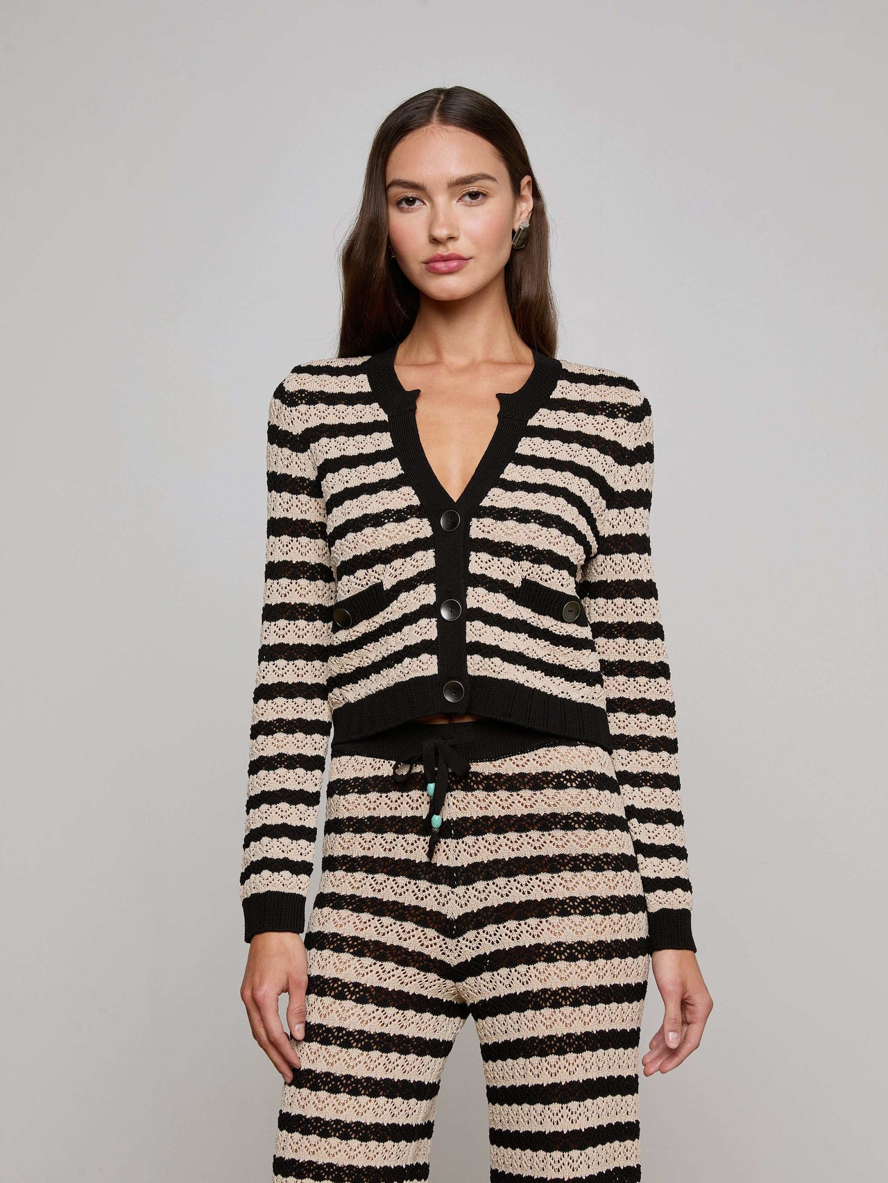 Orla Pointelle Knit Cardigan in Black/Natural Stripe