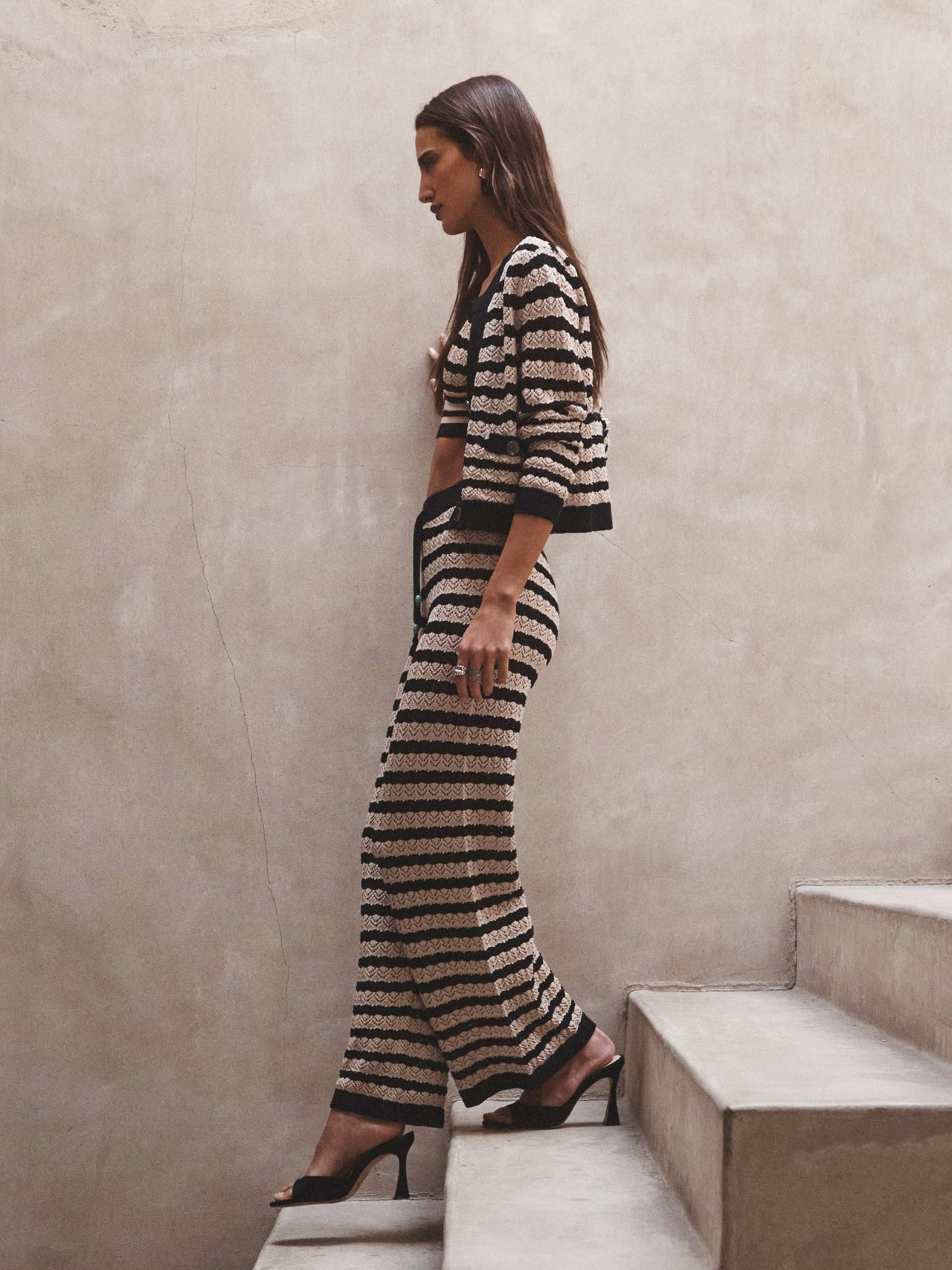 Orla Pointelle Knit Cardigan in Black/Natural Stripe