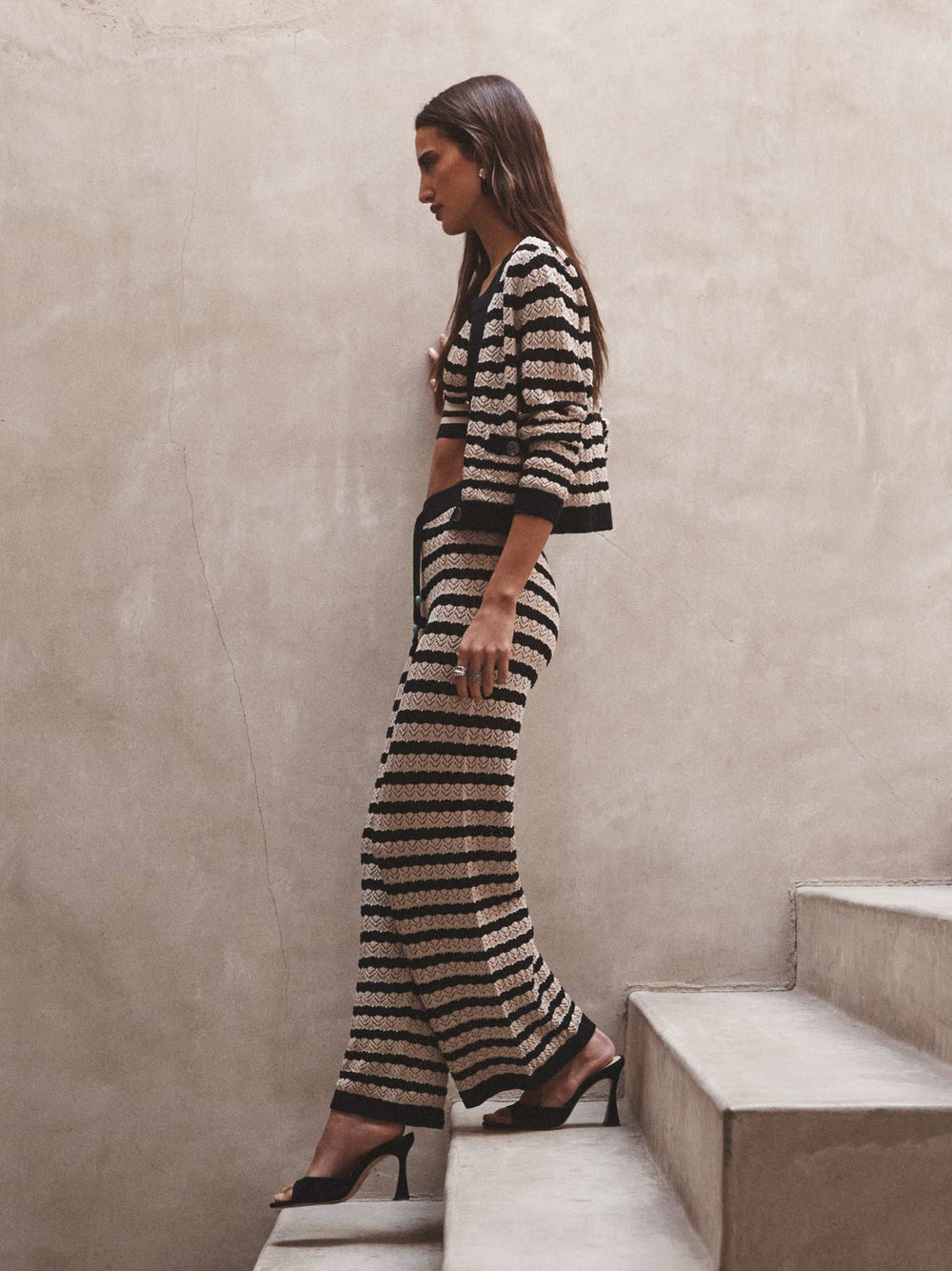 Orla Pointelle Knit Cardigan in Black/Natural Stripe