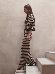 Orla Pointelle Knit Cardigan in Black/Natural Stripe