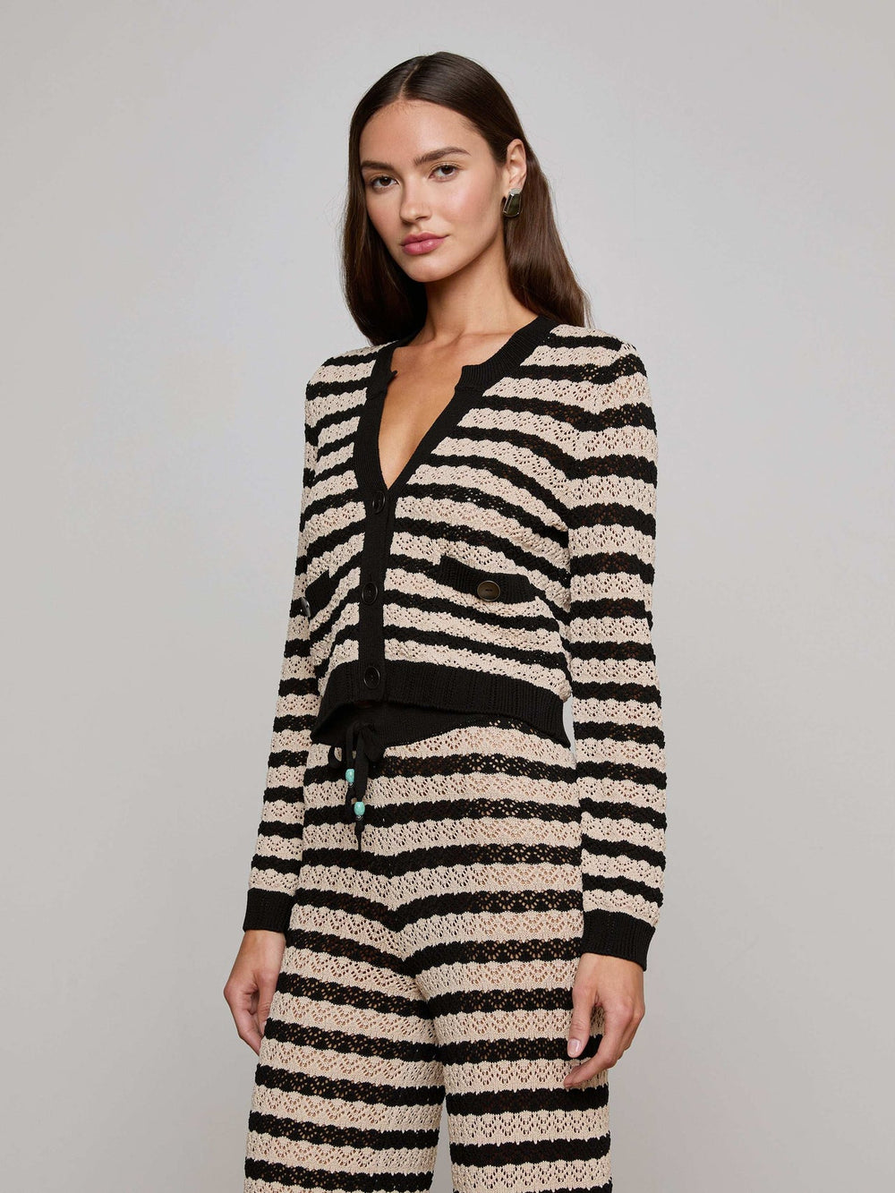 Orla Pointelle Knit Cardigan in Black/Natural Stripe