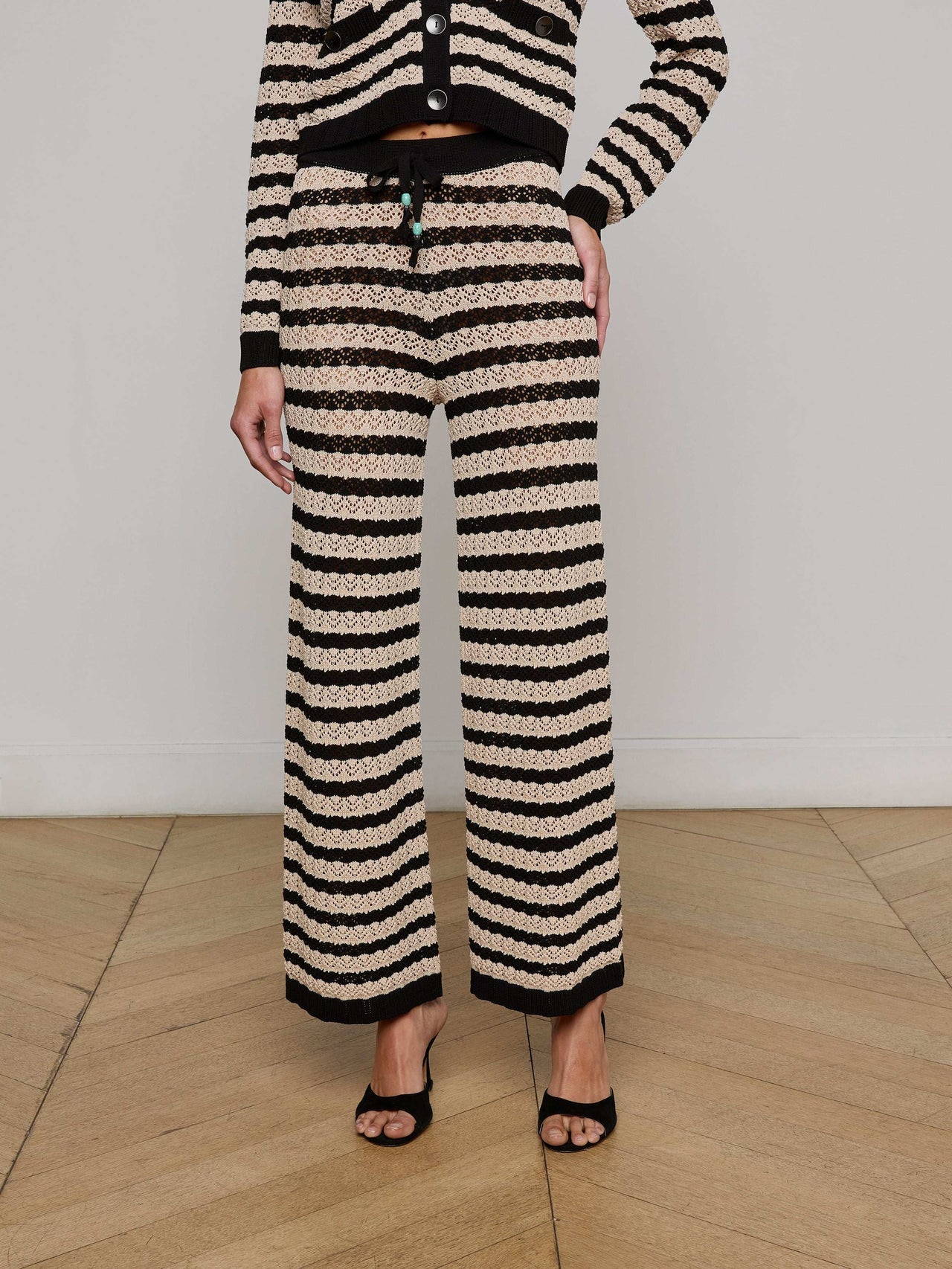 Gaelle Pointelle Knit Pant in Black/Natural Stripe