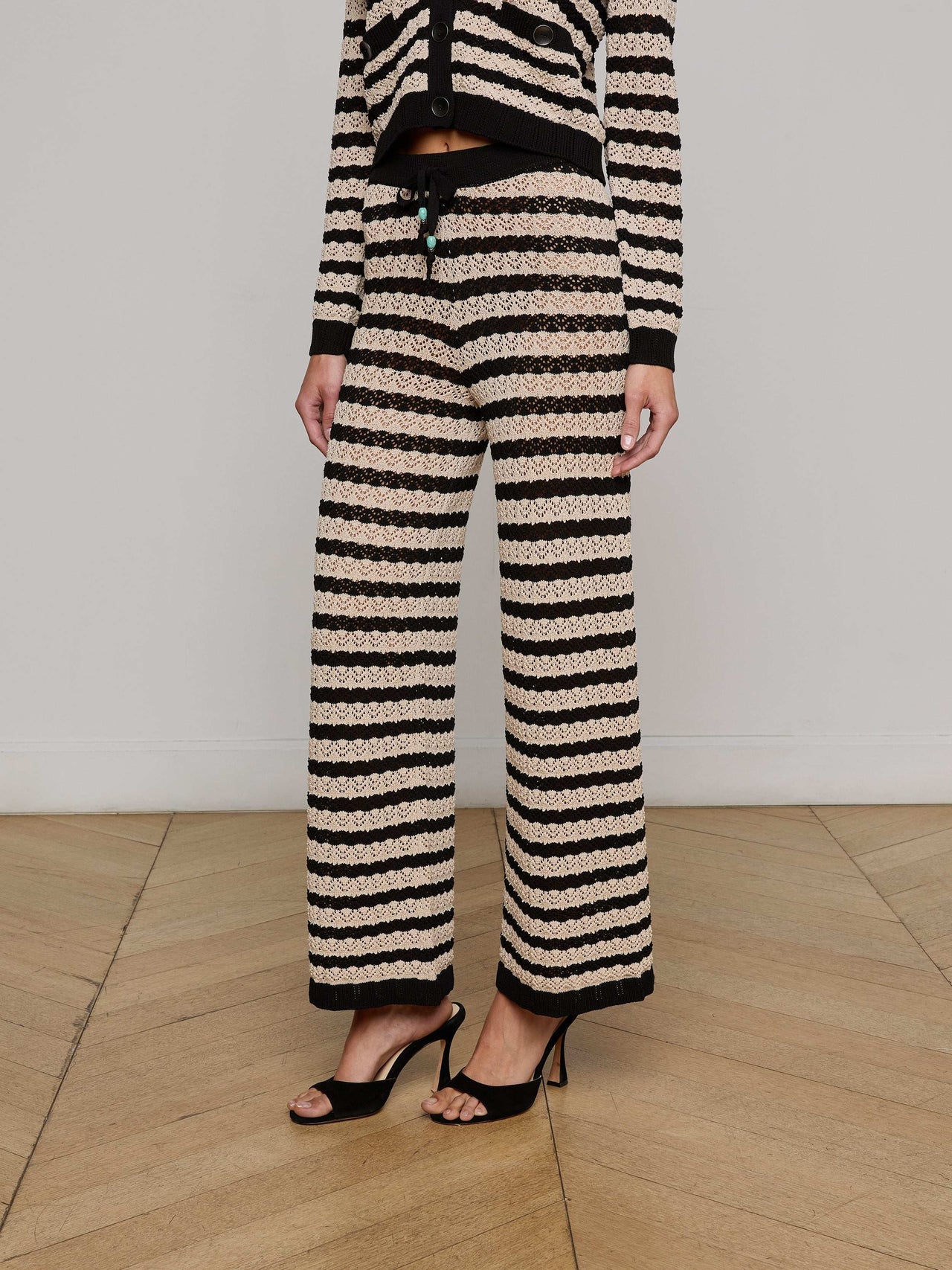 Gaelle Pointelle Knit Pant in Black/Natural Stripe