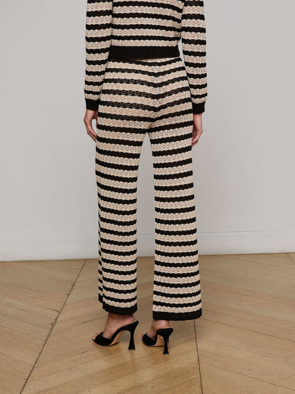 Gaelle Pointelle Knit Pant in Black/Natural Stripe