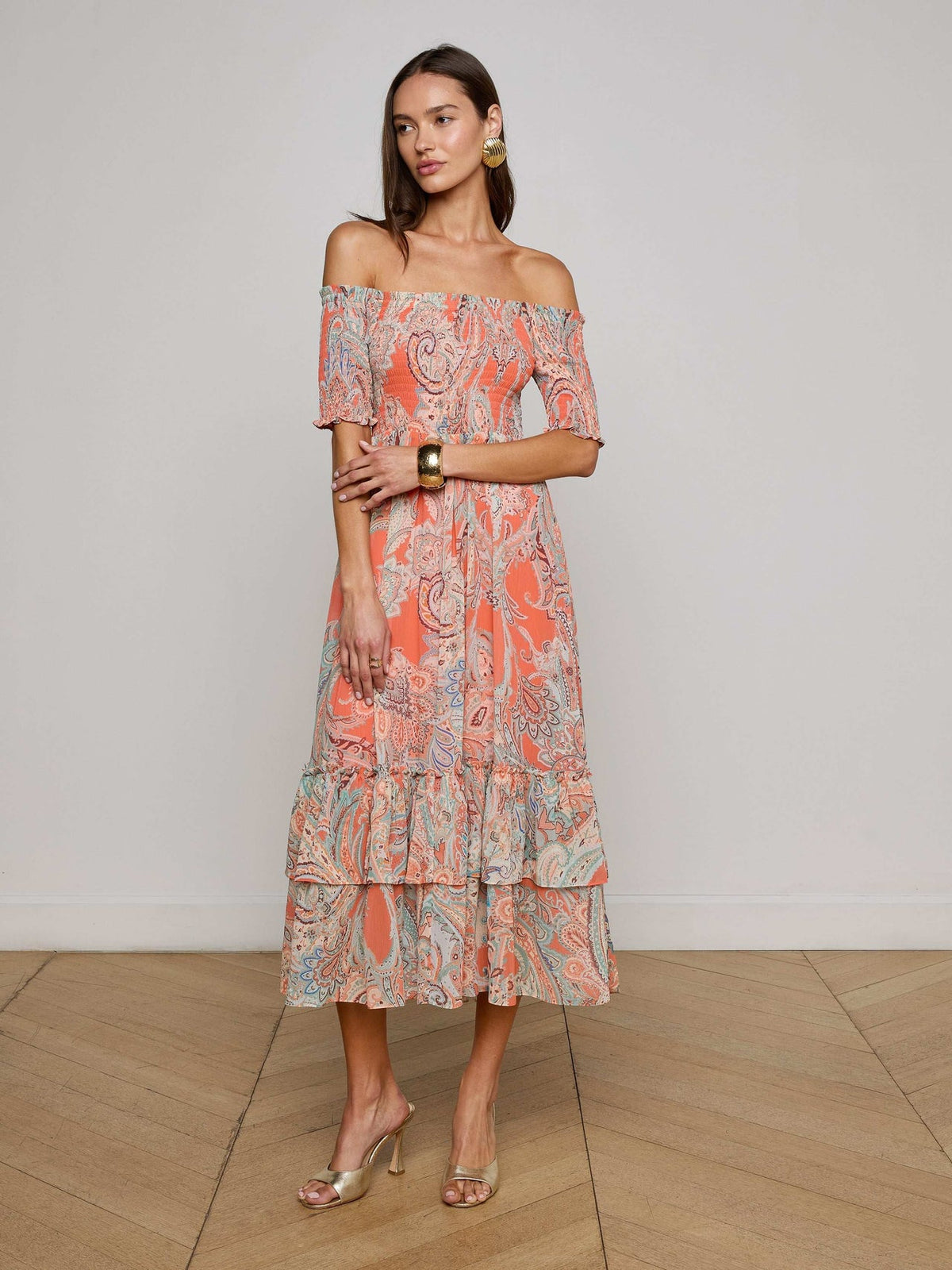 Oriel Off-The-Shoulder Dress - Orange/Light Blue Paisley