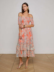 Oriel Off-The-Shoulder Dress - Orange/Light Blue Paisley