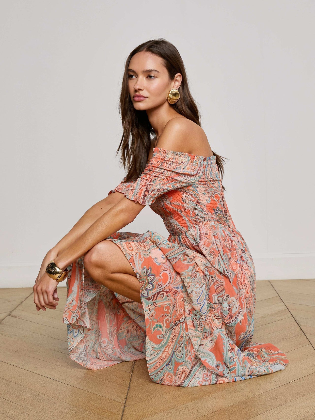 Oriel Off-The-Shoulder Dress - Orange/Light Blue Paisley