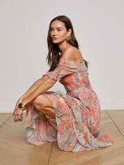 Oriel Off-The-Shoulder Dress - Orange/Light Blue Paisley
