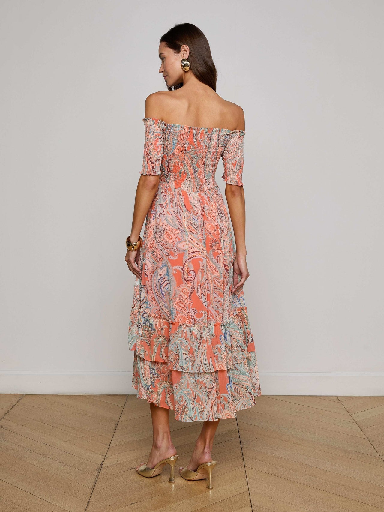 Oriel Off-The-Shoulder Dress - Orange/Light Blue Paisley