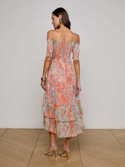Oriel Off-The-Shoulder Dress - Orange/Light Blue Paisley