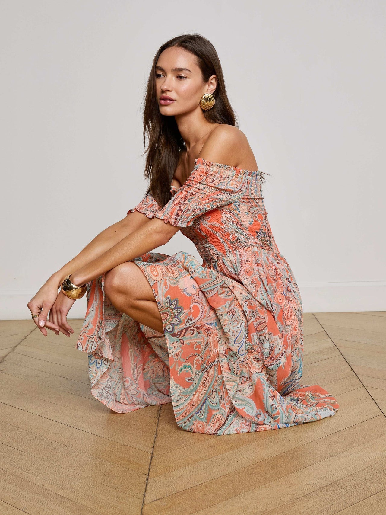 Oriel Off-The-Shoulder Dress - Orange/Light Blue Paisley