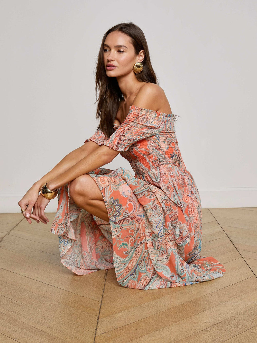 Oriel Off-The-Shoulder Dress - Orange/Light Blue Paisley