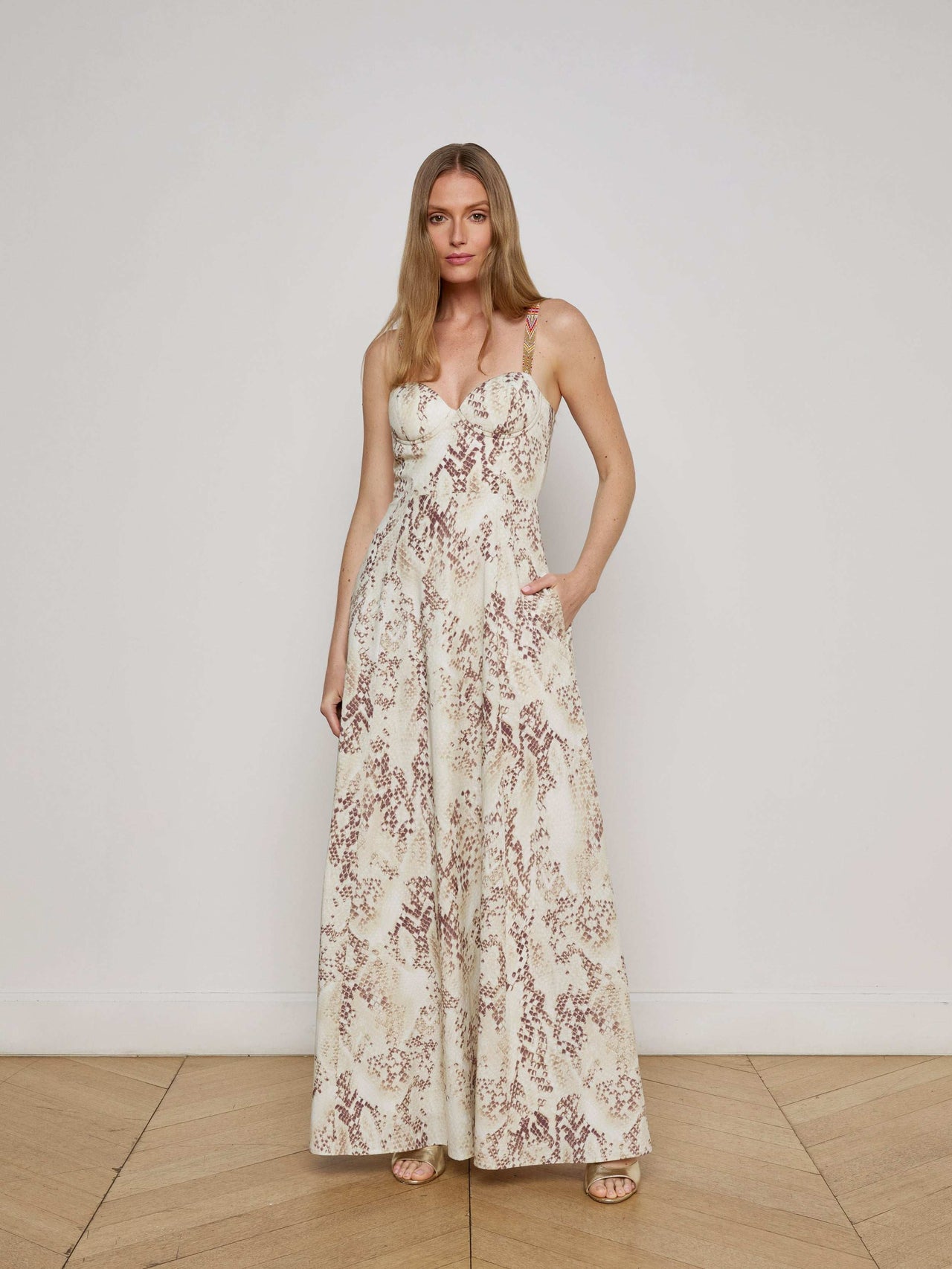 Sutton Beaded Strap Maxi Dress, Light Sage Desert Snake Print