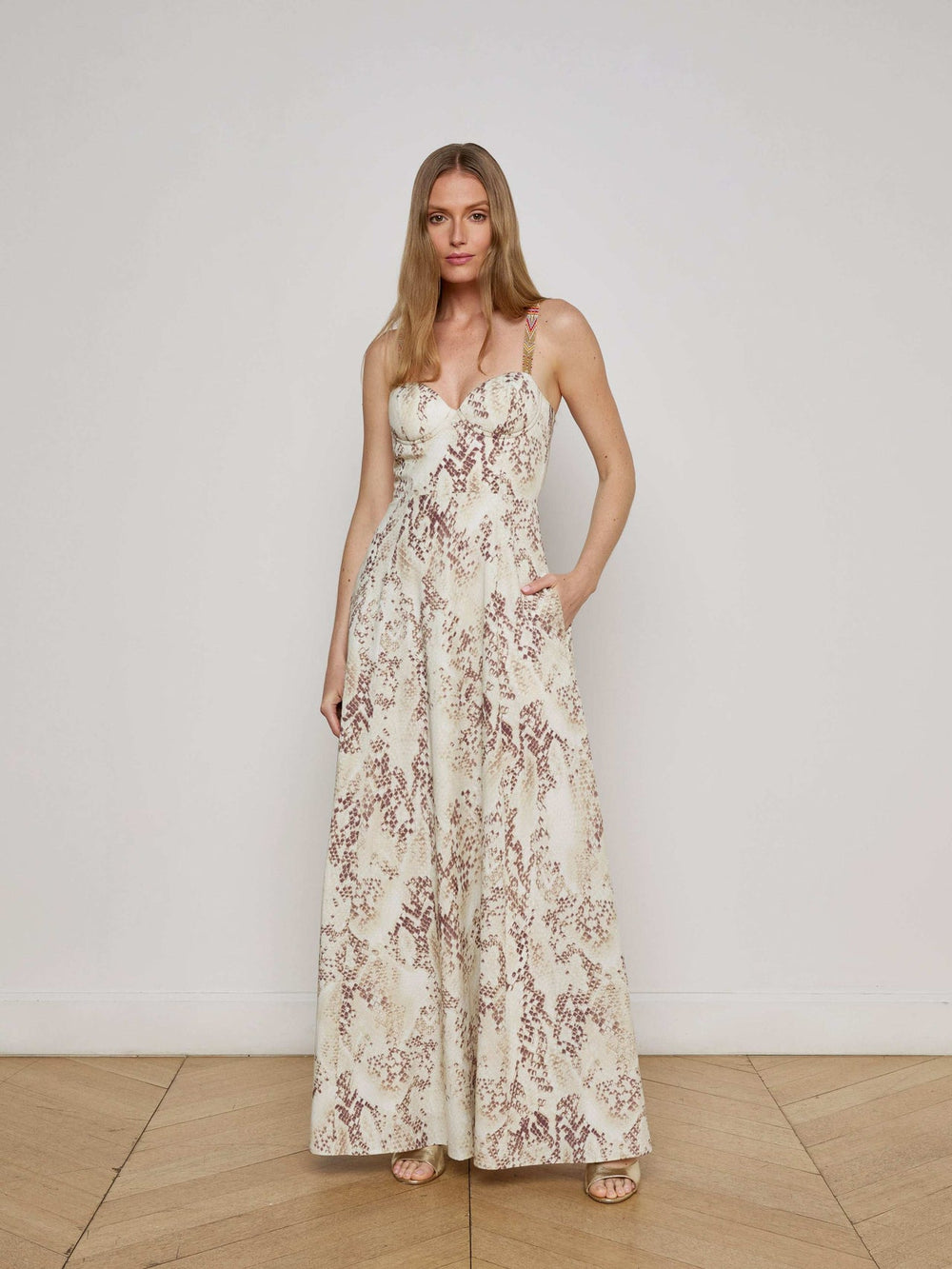 Sutton Beaded Strap Maxi Dress, Light Sage Desert Snake Print