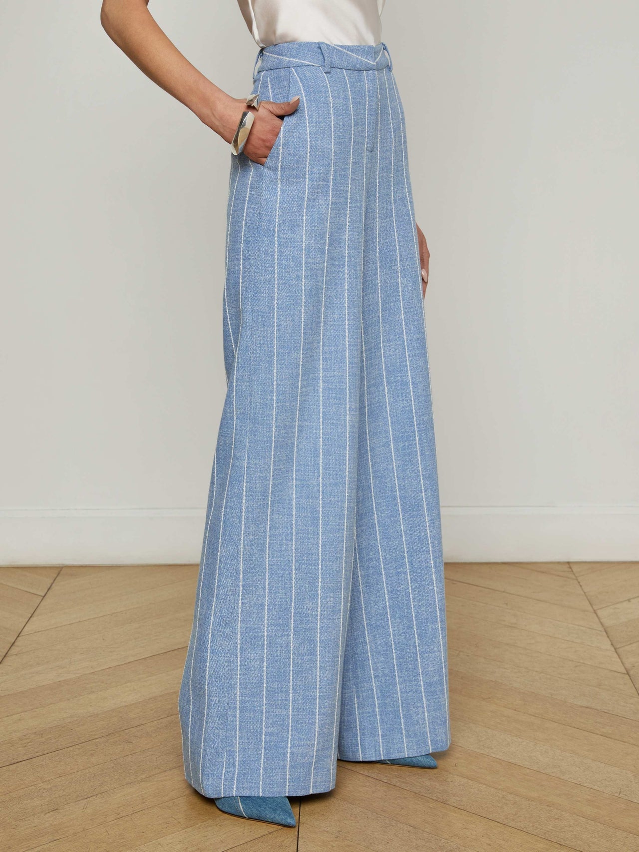 Pilar Pinstriped Wide-Leg Pant in Sky Blue/White Pinstripe