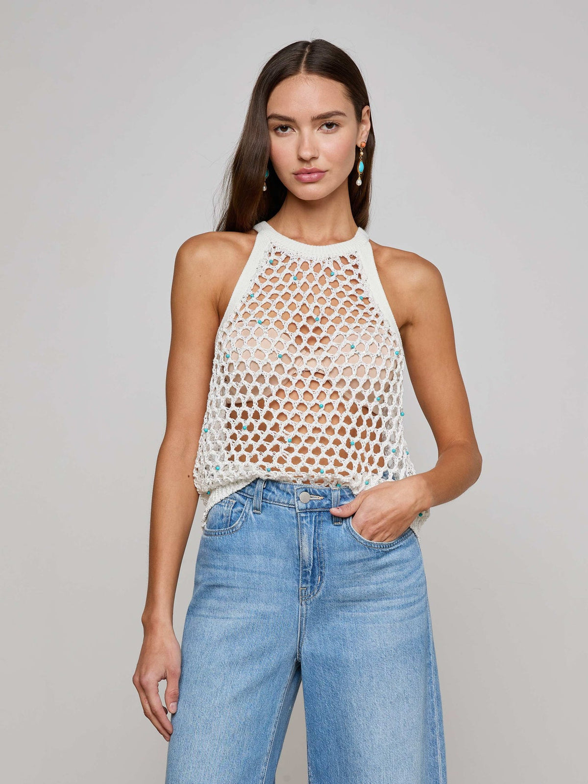 Parmida Embellished Tank in Ivory/Turquoise Beads