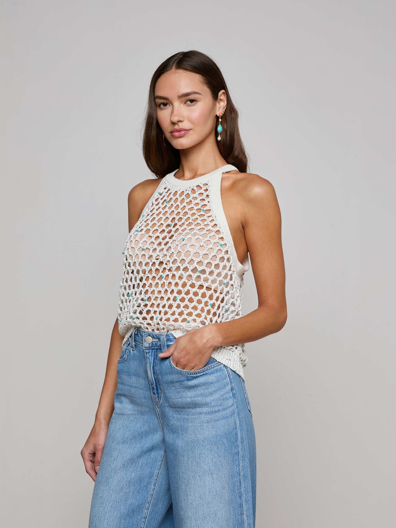 Parmida Embellished Tank in Ivory/Turquoise Beads