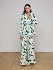 Ciara Satin Robe Top in Ivory/Light Blue Large Hydrangea
