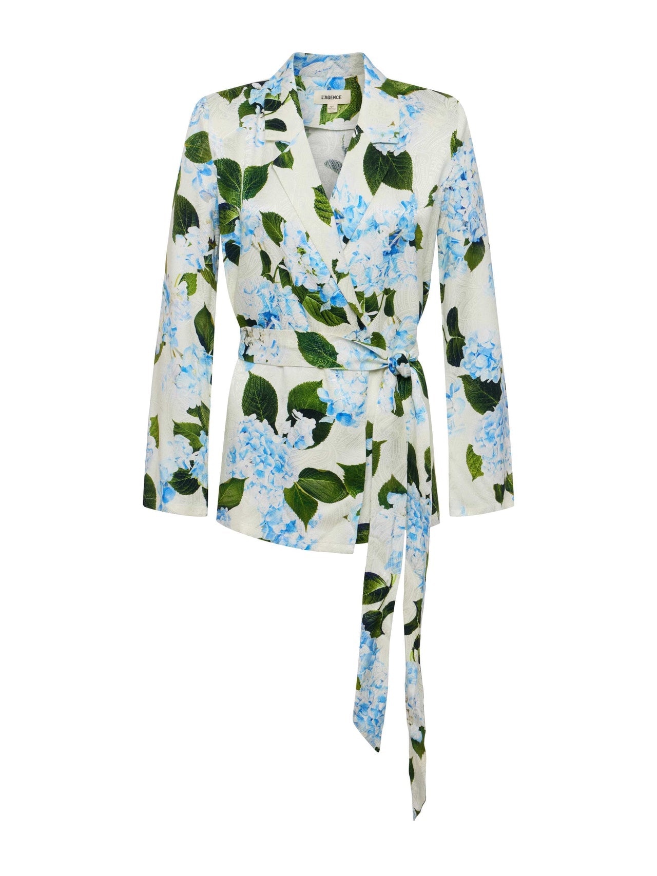 Ciara Satin Robe Top in Ivory/Light Blue Large Hydrangea