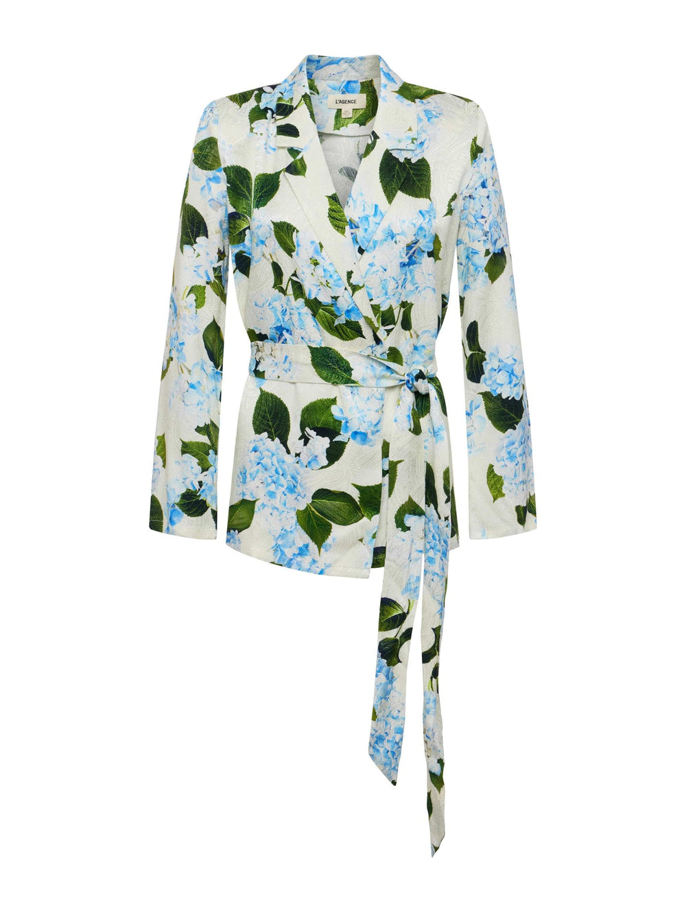 Ciara Satin Robe Top in Ivory/Light Blue Large Hydrangea