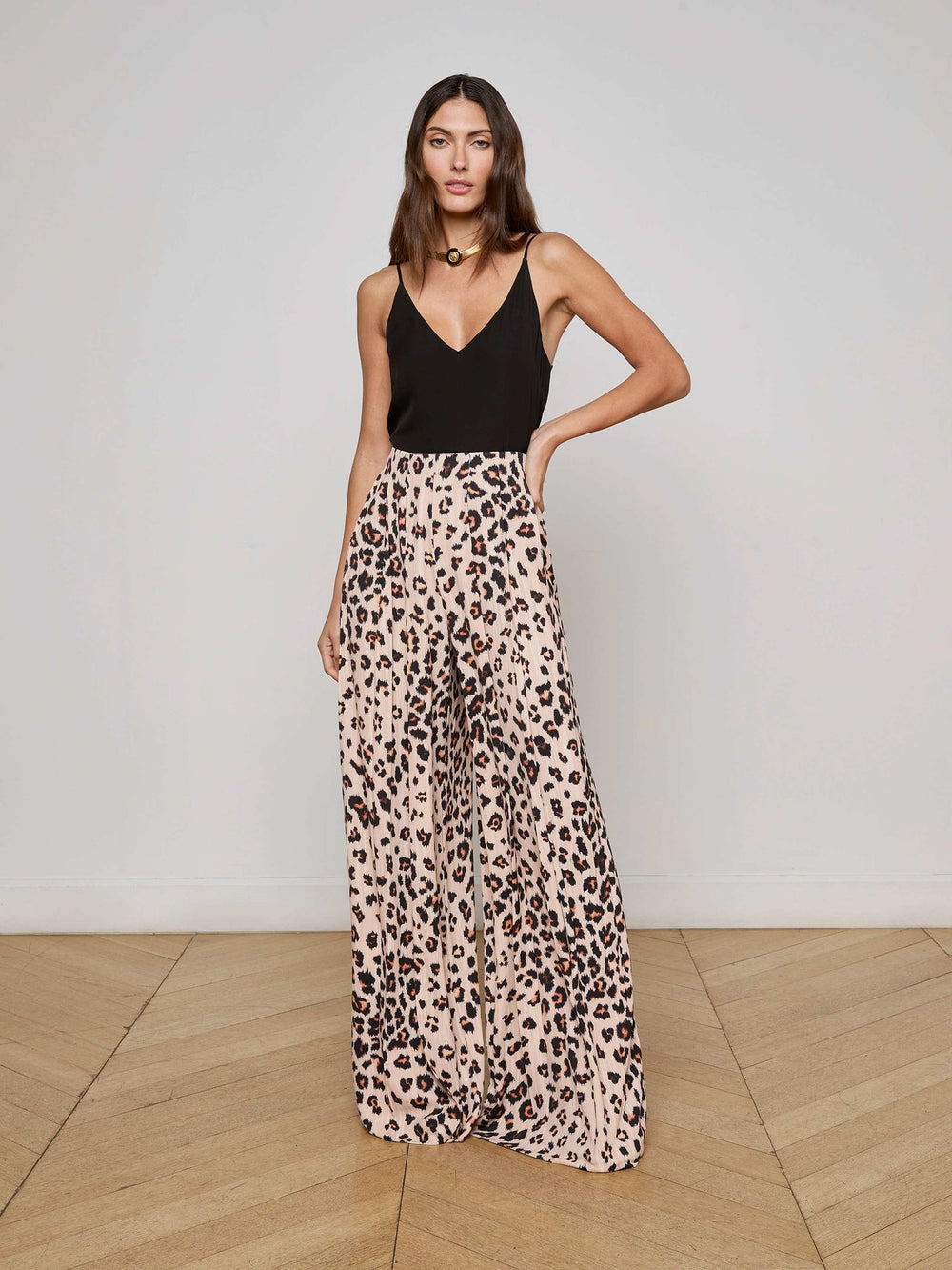 Nova Pleated Wide-Leg Pant in Tan Multi Ikat Leopard