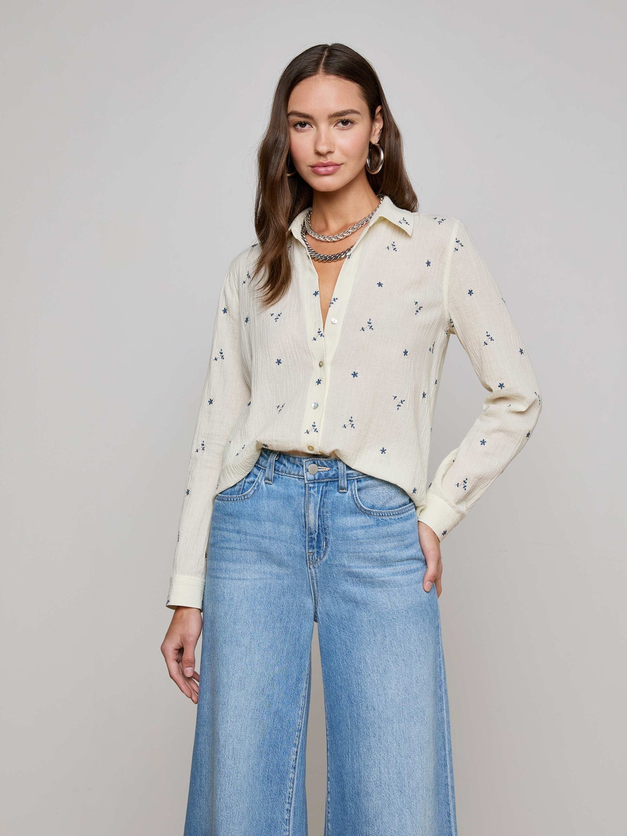 Ecru Laurent Embroidered Blouse with Multiple Blue Flowers