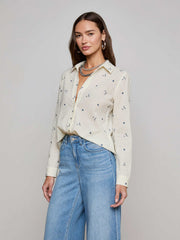 Ecru Laurent Embroidered Blouse with Multiple Blue Flowers