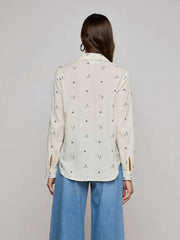 Ecru Laurent Embroidered Blouse with Multiple Blue Flowers