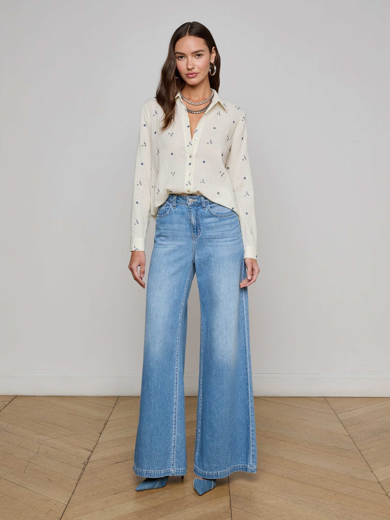 Ecru Laurent Embroidered Blouse with Multiple Blue Flowers