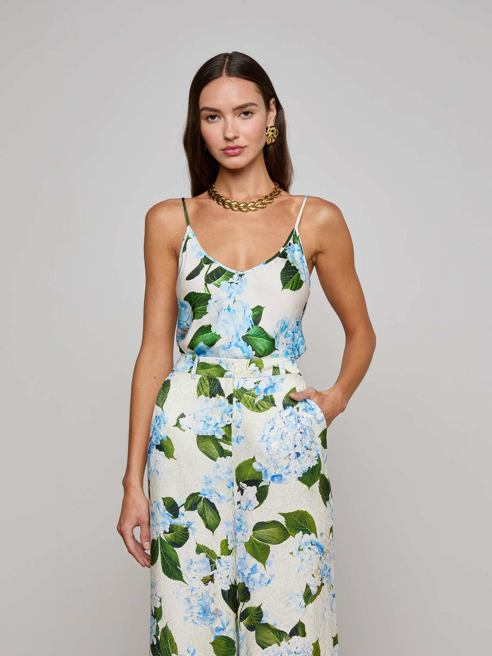 Lexi Satin Camisole in Ivory/Light Blue Large Hydrangea