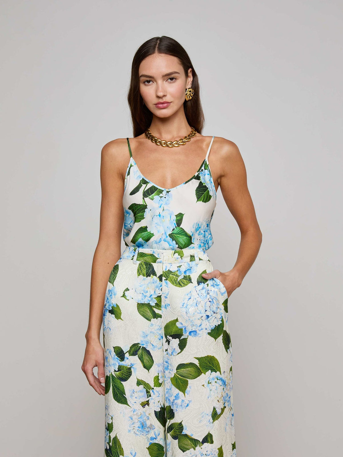 Lexi Satin Camisole in Ivory/Light Blue Large Hydrangea