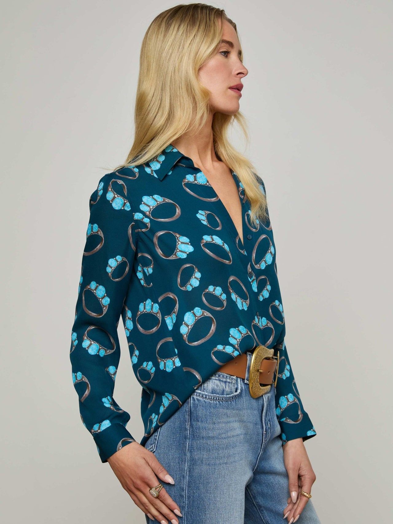 Nina Silk Blouse in Midnight Multi Turquoise Stone