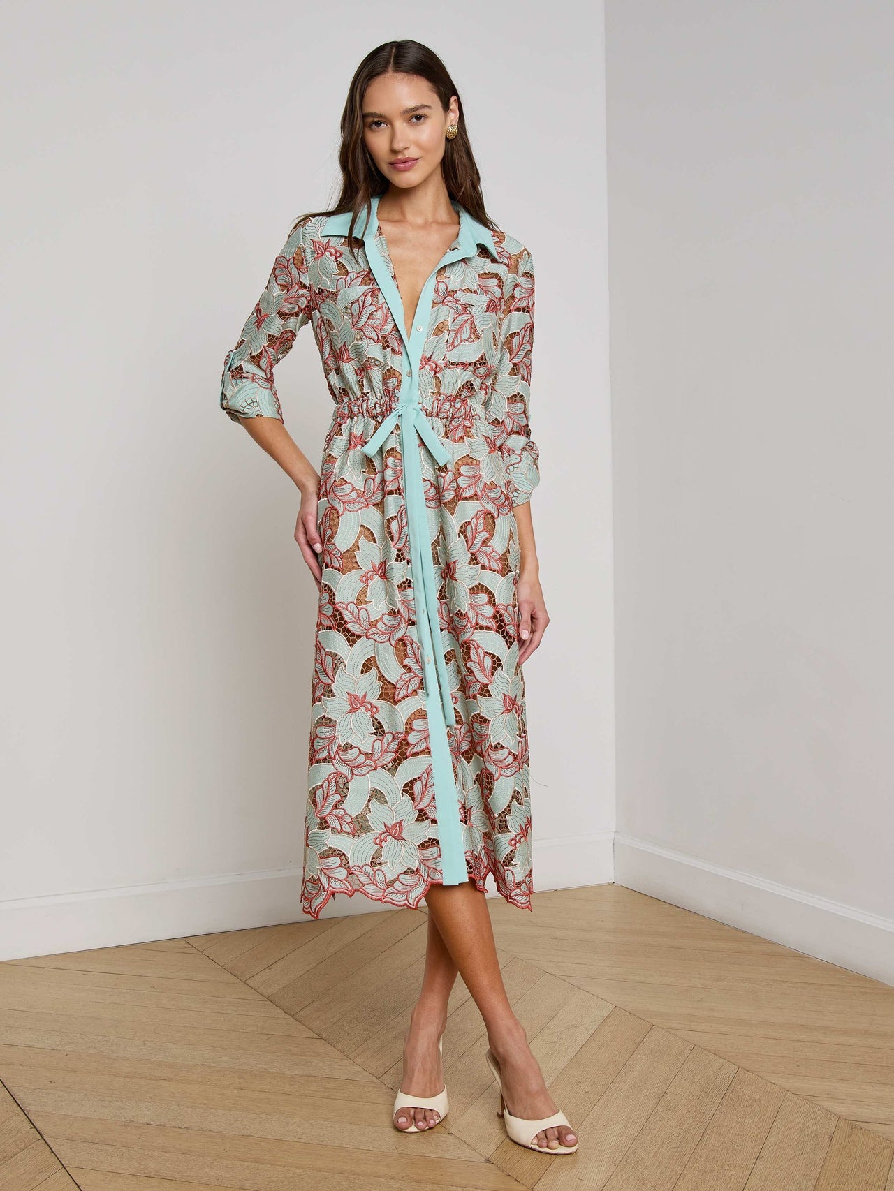 Emilio Lace Shirt Dress in Multi Colored Eyelet