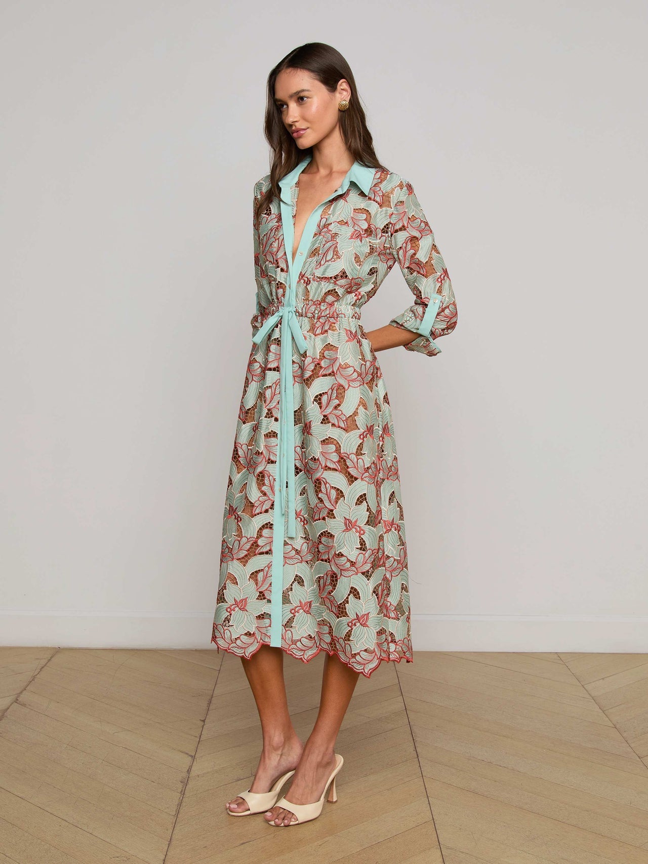 Emilio Lace Shirt Dress in Multi Colored Eyelet