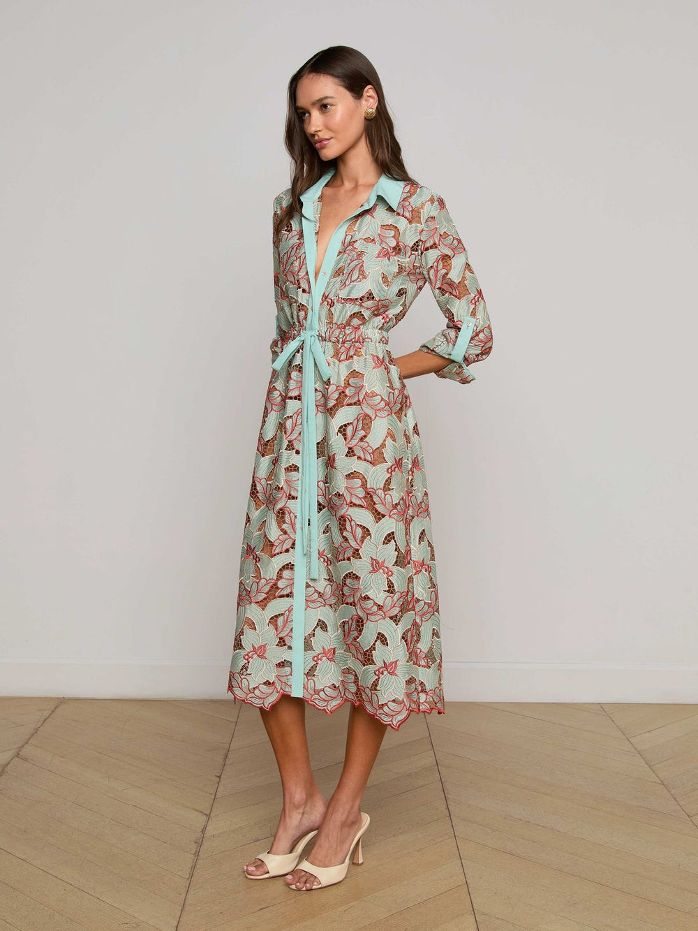 Emilio Lace Shirt Dress in Multi Colored Eyelet