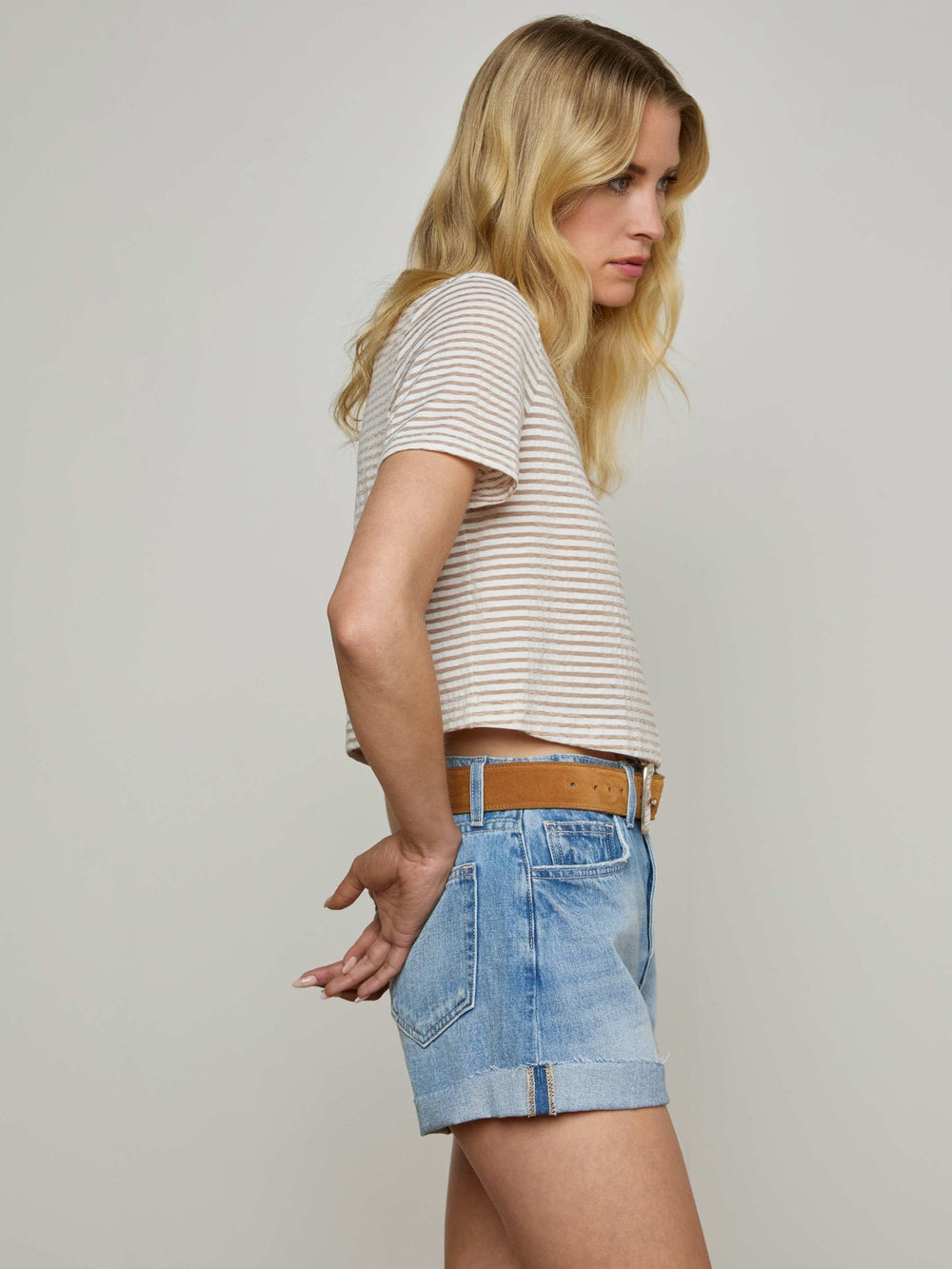 Donna Cropped Tee in White/Rye Stripe