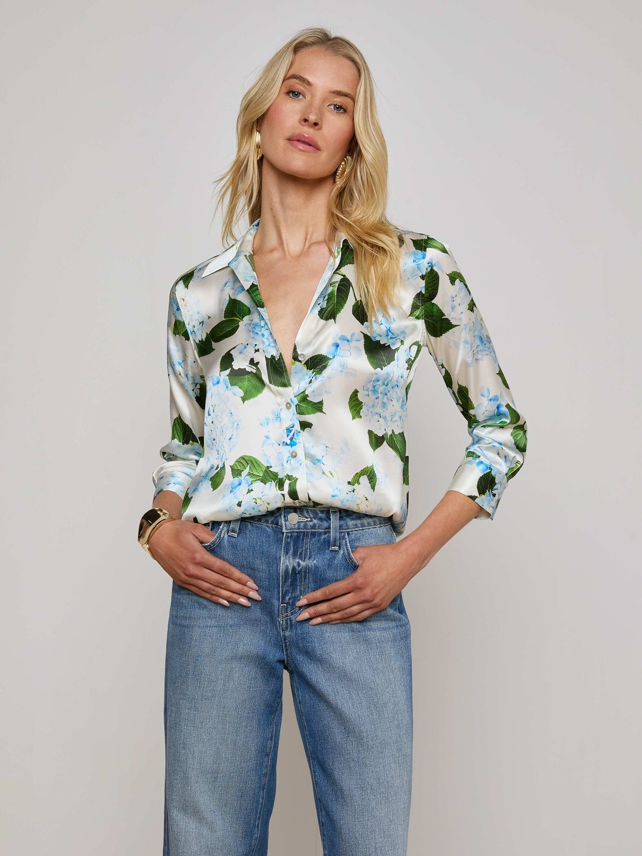 Dani Silk Blouse in Ivory/Light Blue Hydrangea