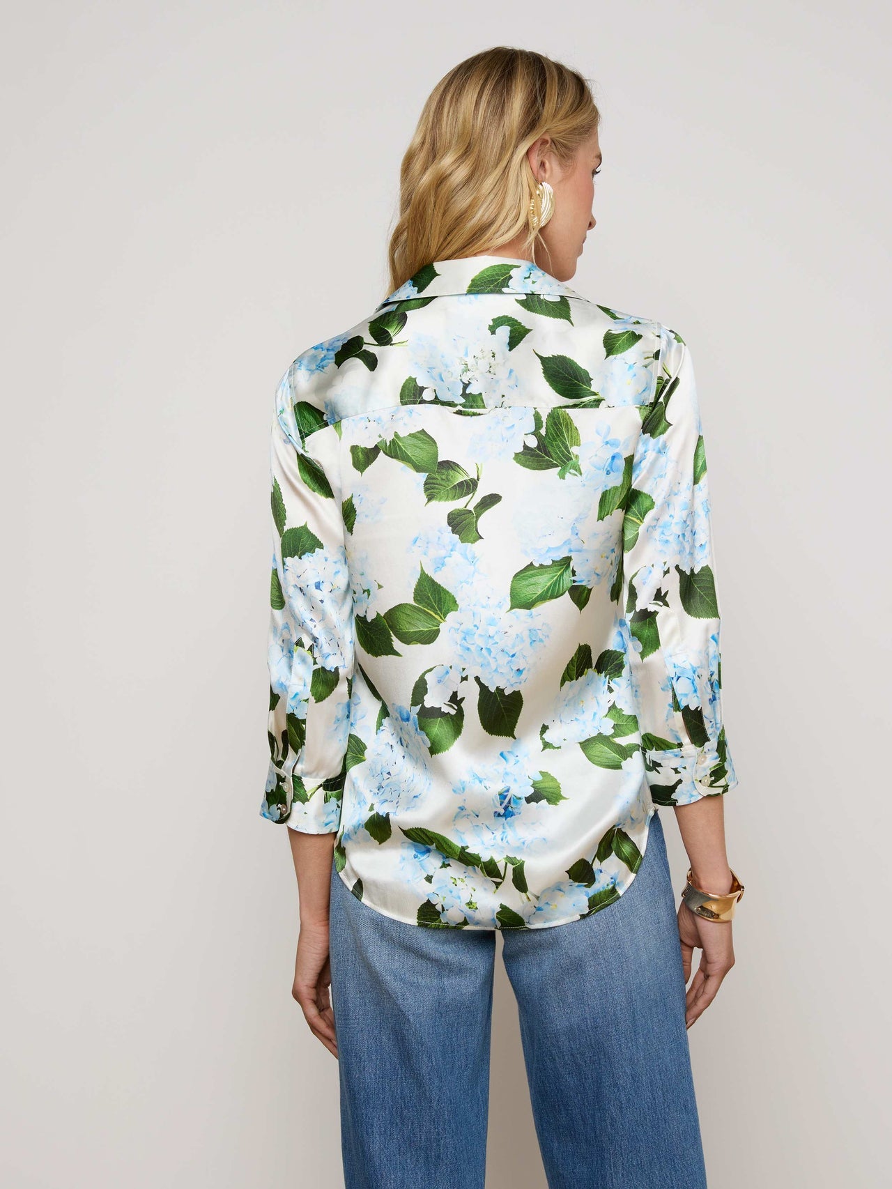 Dani Silk Blouse in Ivory/Light Blue Hydrangea