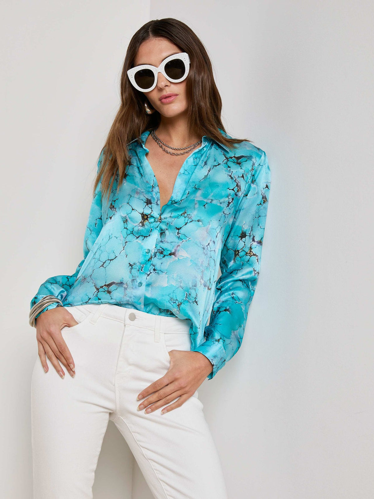 Tyler Silk Blouse in Multi Turquoise Stone