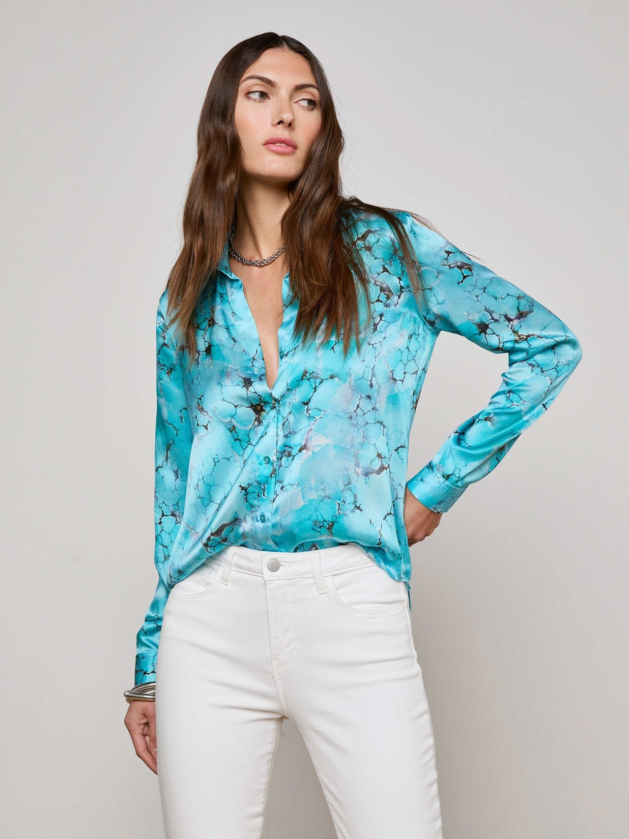 Tyler Silk Blouse in Multi Turquoise Stone