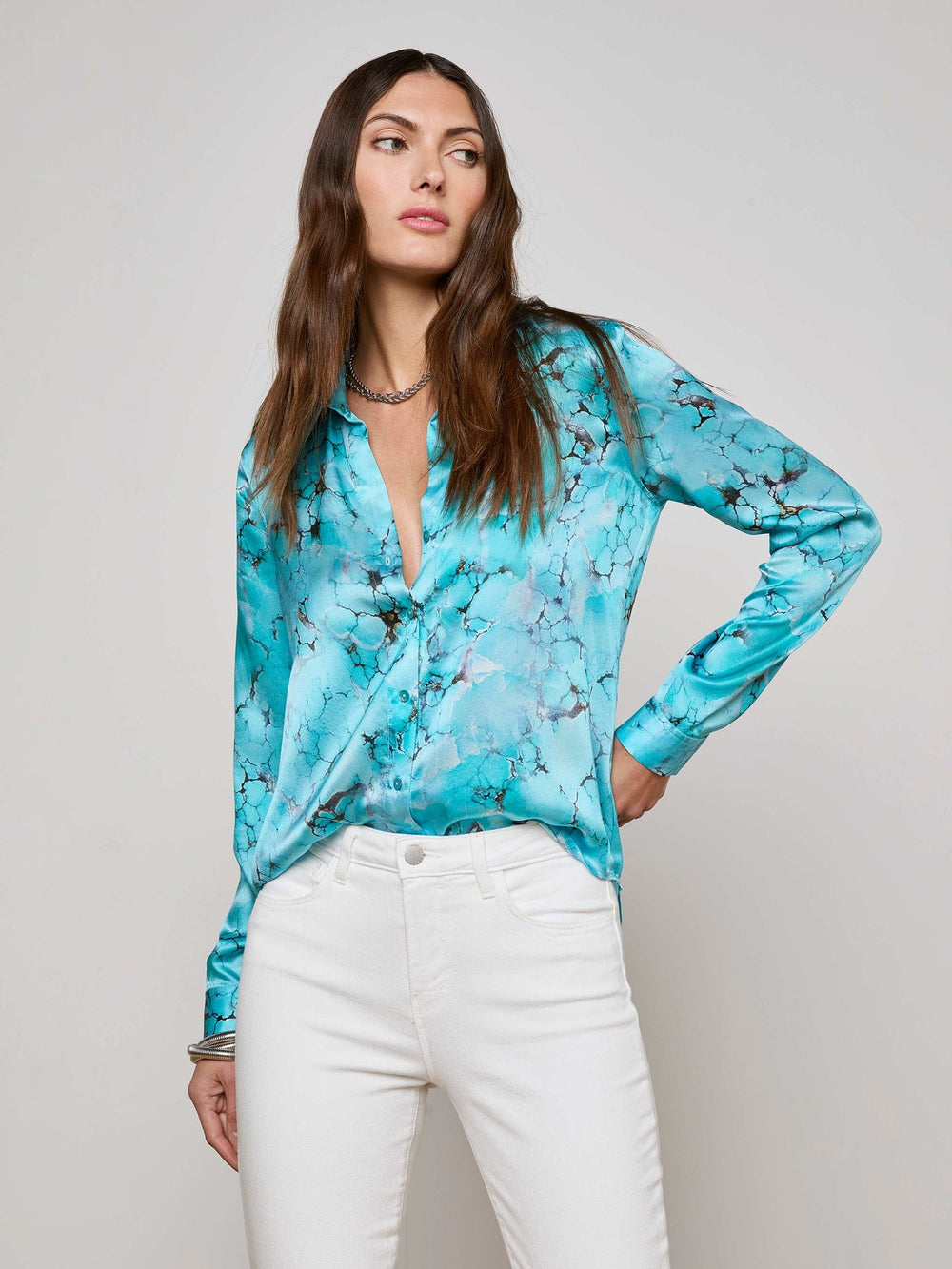 Tyler Silk Blouse in Multi Turquoise Stone