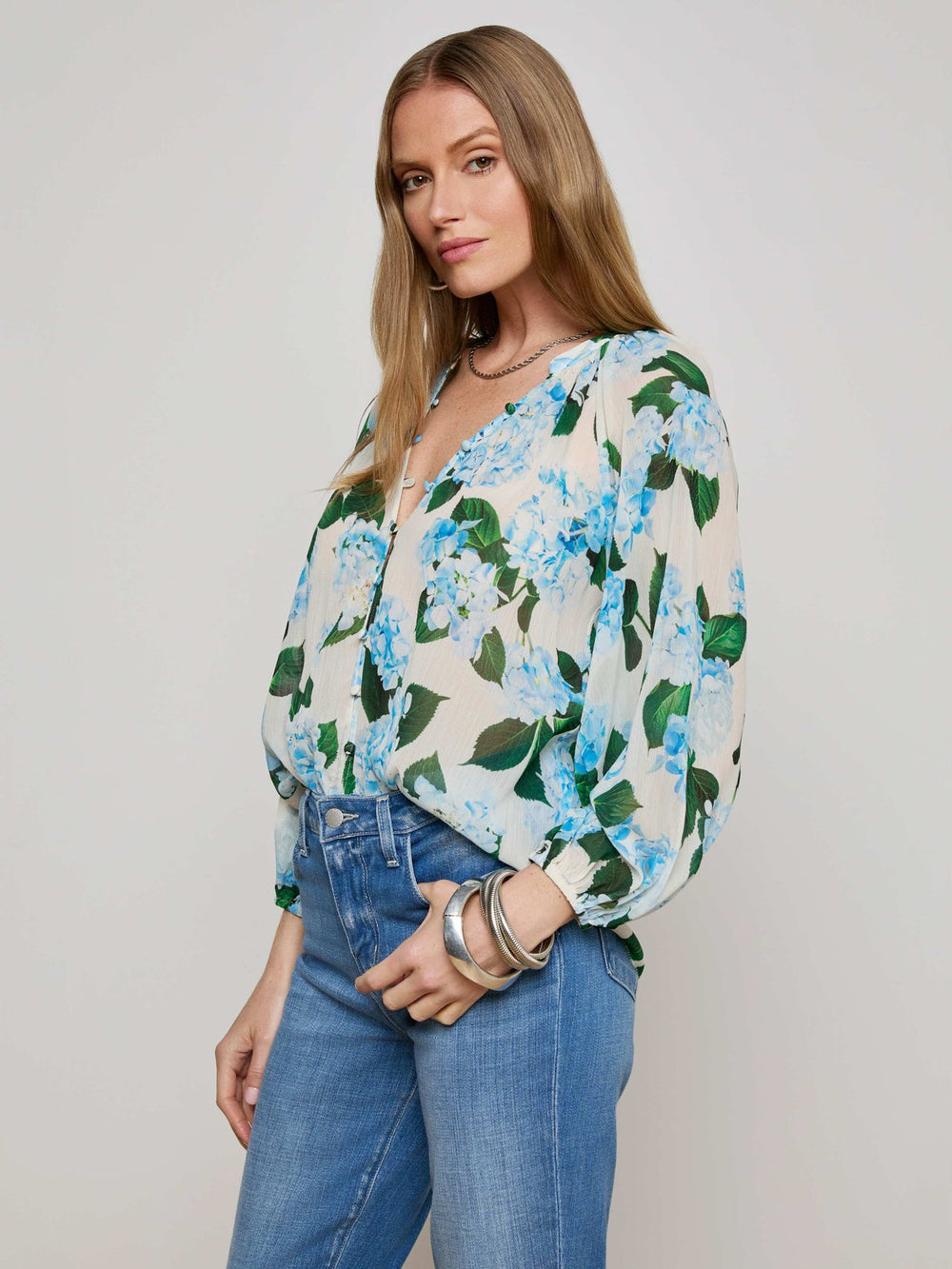 Teagan Blouse in Ivory/Light Blue Hydrangea
