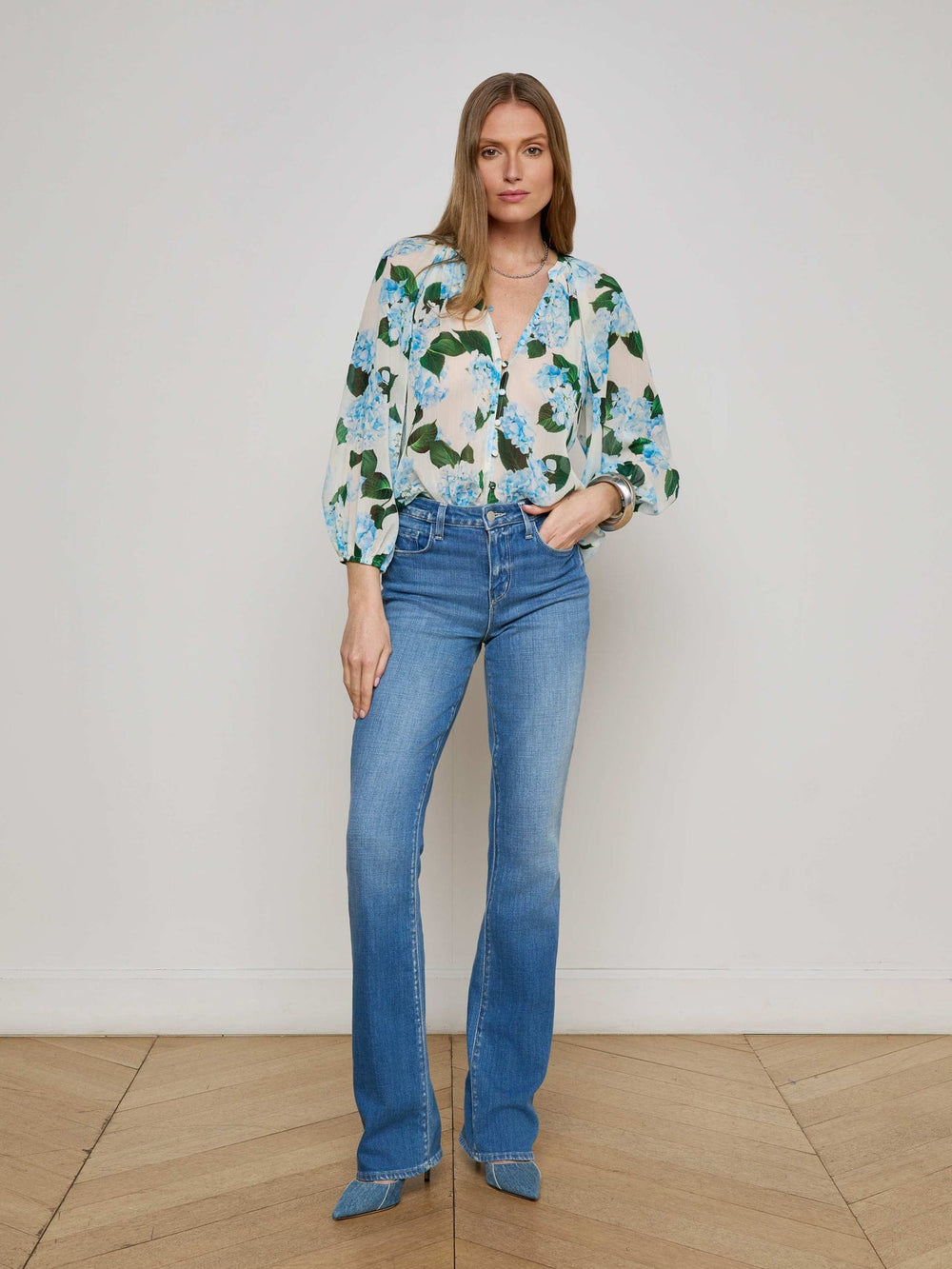 Teagan Blouse in Ivory/Light Blue Hydrangea