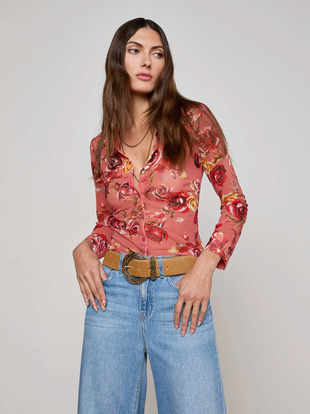 Indiana Mesh Blouse in Light Coral Multi Western Rose Print
