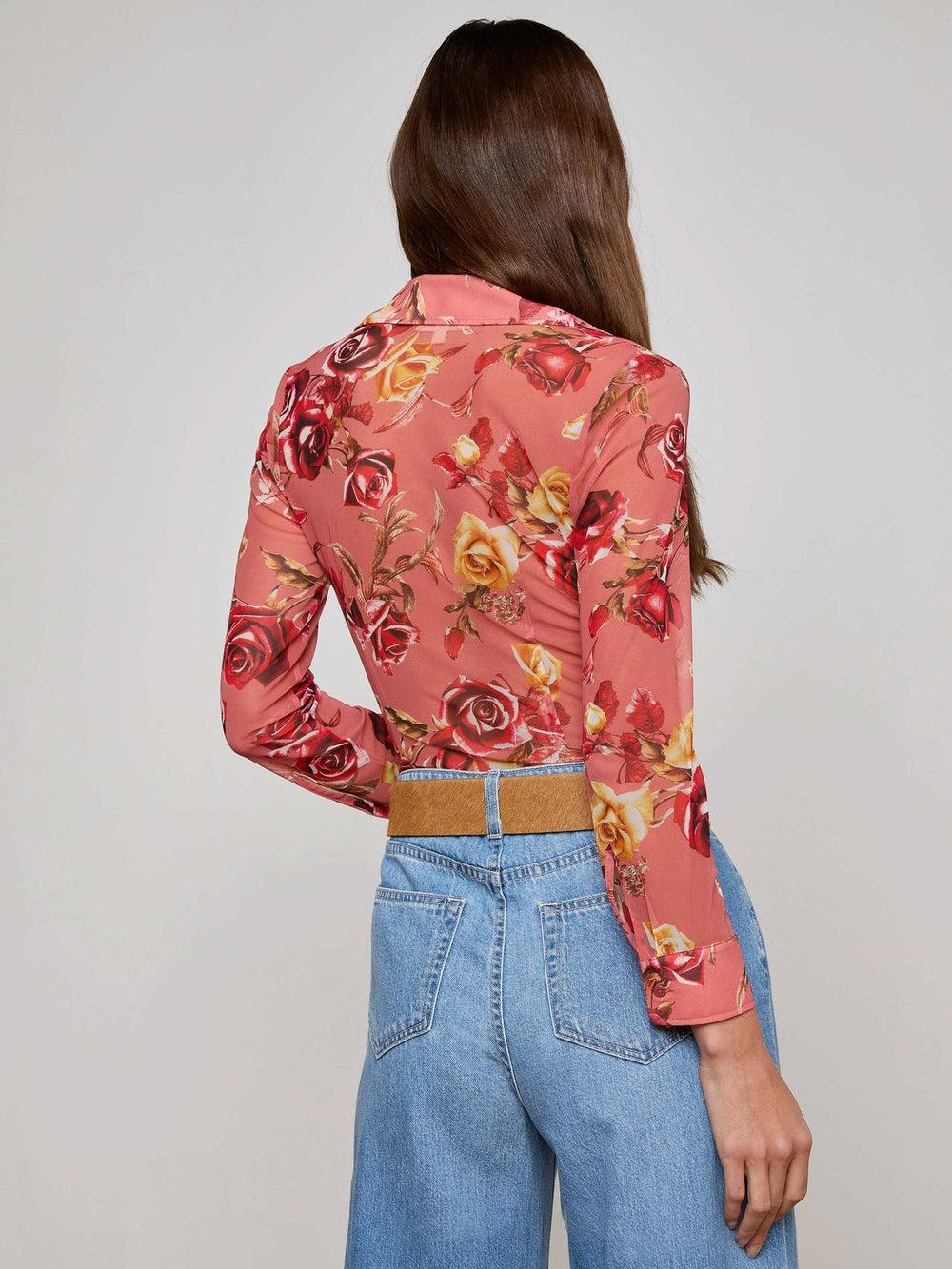 Indiana Mesh Blouse in Light Coral Multi Western Rose Print