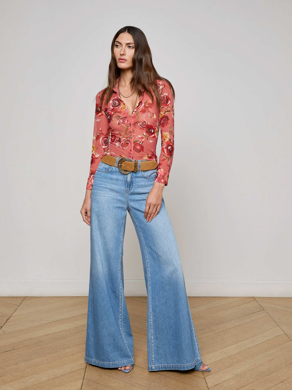 Indiana Mesh Blouse in Light Coral Multi Western Rose Print