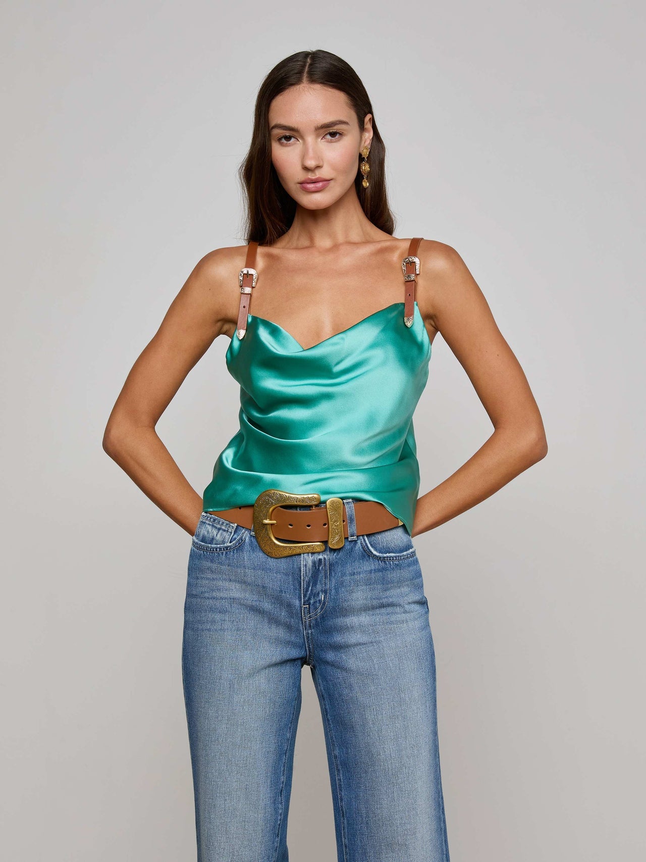 Lux Silk Buckle-Strap Camisole in Sage Lagoon